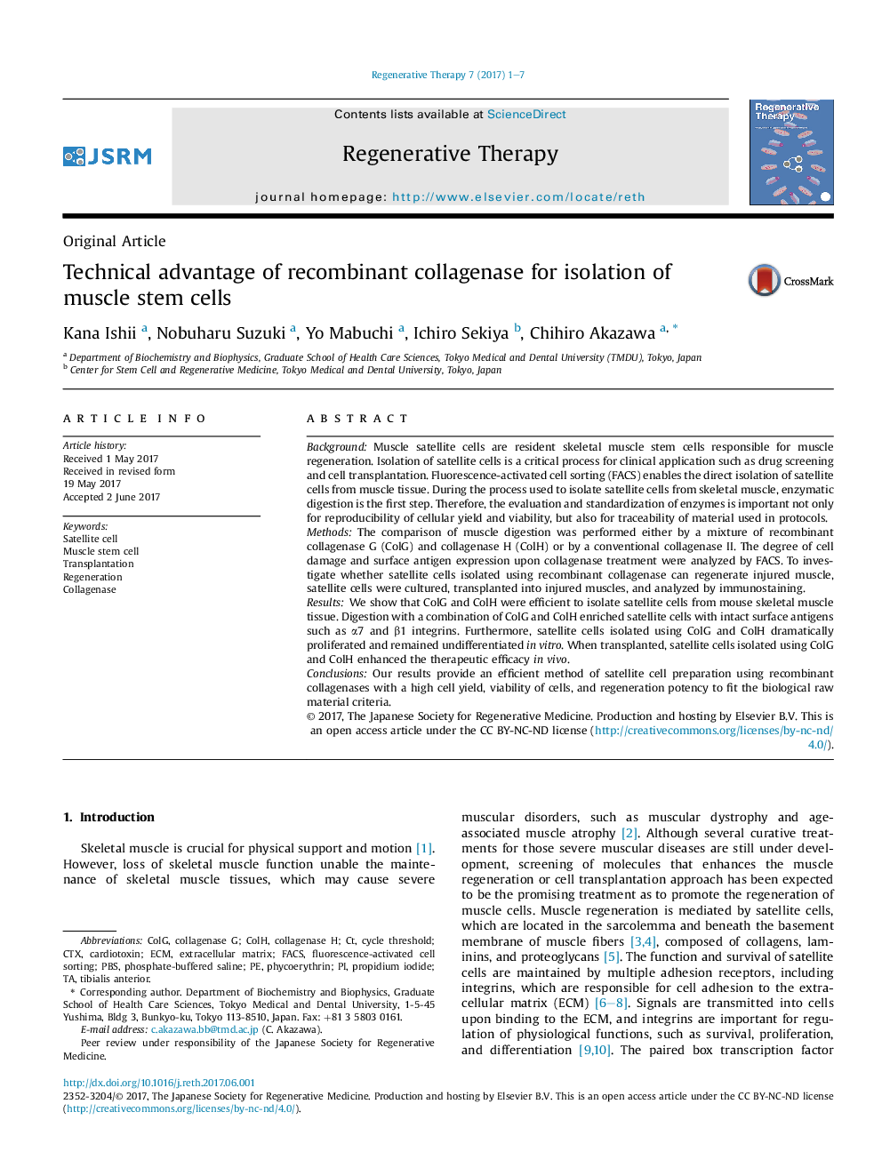 Technical advantage of recombinant collagenase for isolation of muscle stem cells