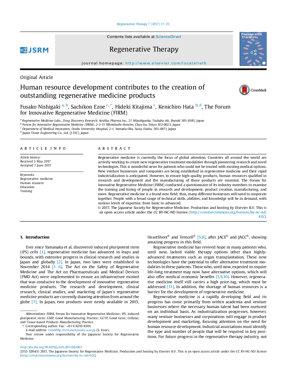 Human resource development contributes to the creation of outstanding regenerative medicine products