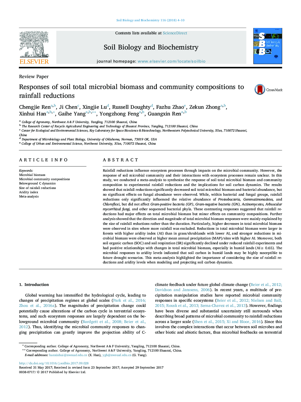 Review PaperResponses of soil total microbial biomass and community compositions to rainfall reductions