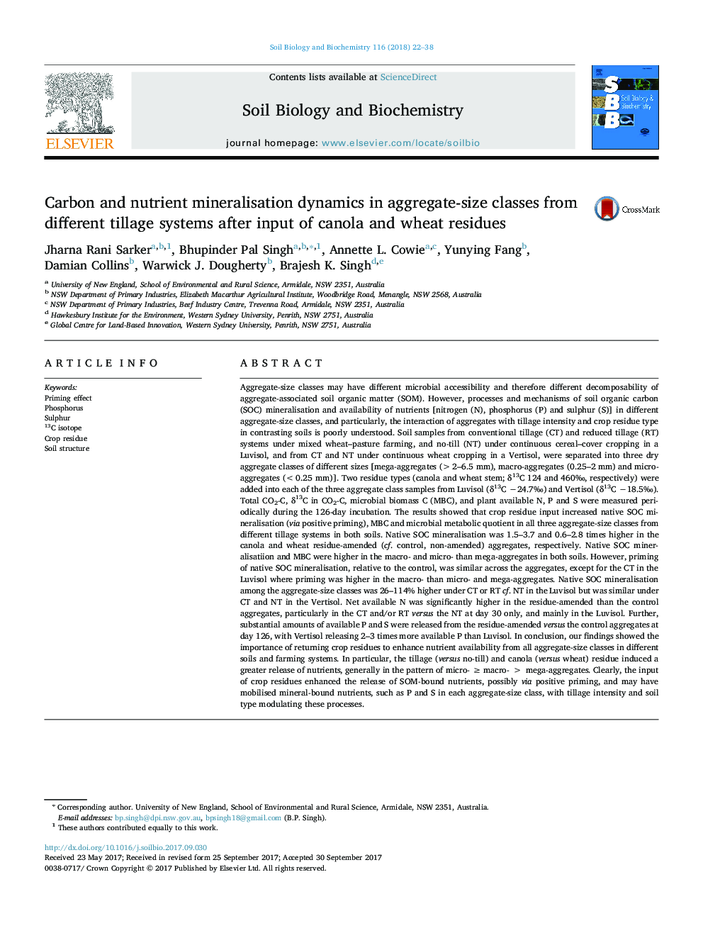 Carbon and nutrient mineralisation dynamics in aggregate-size classes from different tillage systems after input of canola and wheat residues