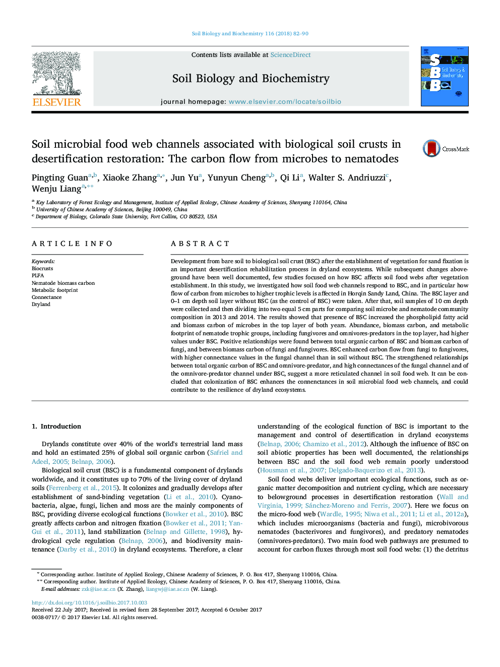 Soil microbial food web channels associated with biological soil crusts in desertification restoration: The carbon flow from microbes to nematodes