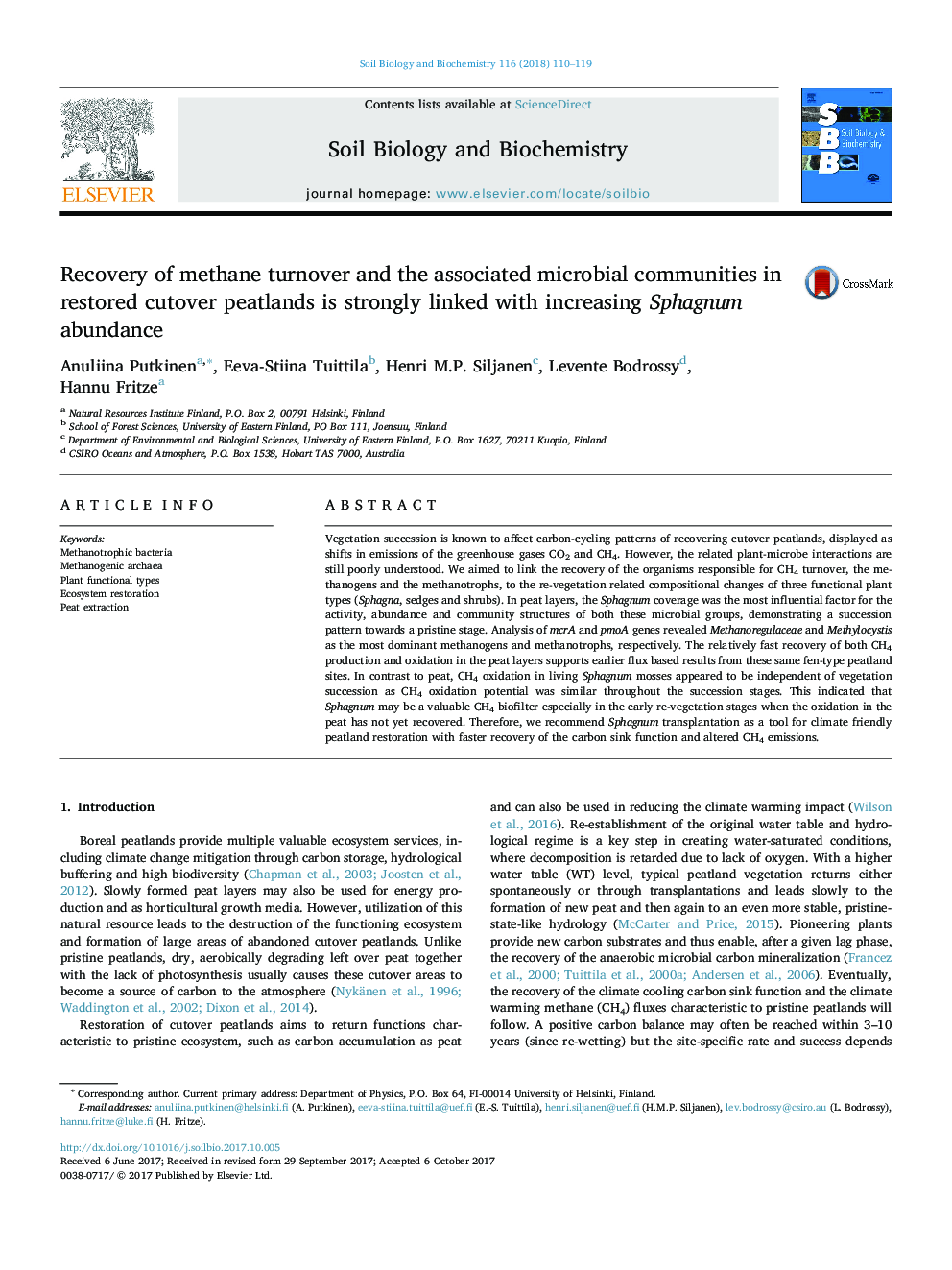 Recovery of methane turnover and the associated microbial communities in restored cutover peatlands is strongly linked with increasing Sphagnum abundance