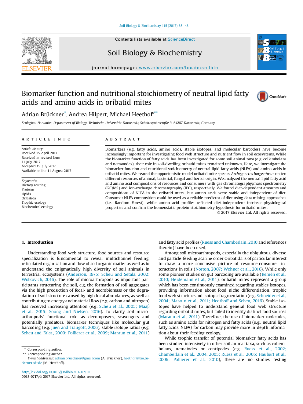 Biomarker function and nutritional stoichiometry of neutral lipid fatty acids and amino acids in oribatid mites