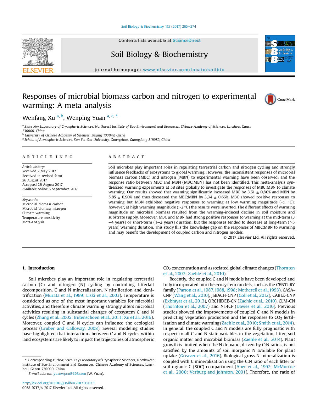 Responses of microbial biomass carbon and nitrogen to experimental warming: A meta-analysis