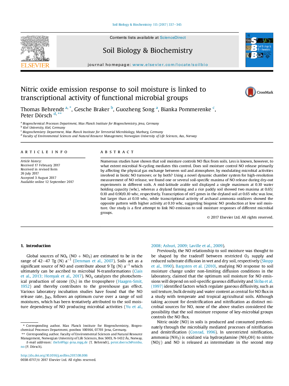 Nitric oxide emission response to soil moisture is linked to transcriptional activity of functional microbial groups