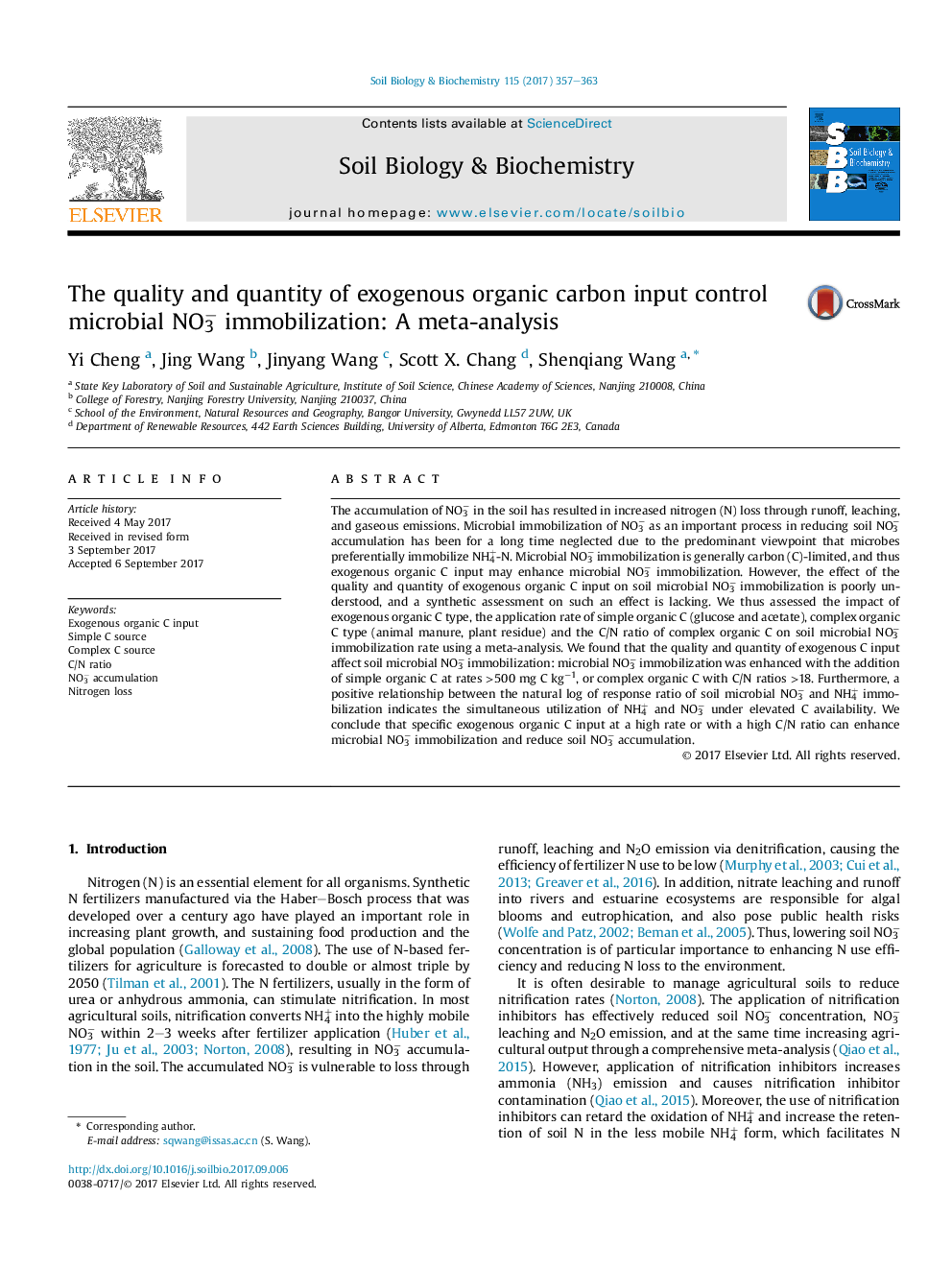 The quality and quantity of exogenous organic carbon input control microbial NO3â immobilization: A meta-analysis