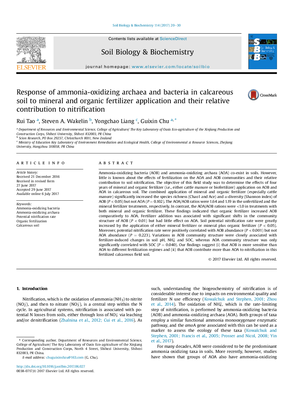 Response of ammonia-oxidizing archaea and bacteria in calcareous soil to mineral and organic fertilizer application and their relative contribution to nitrification