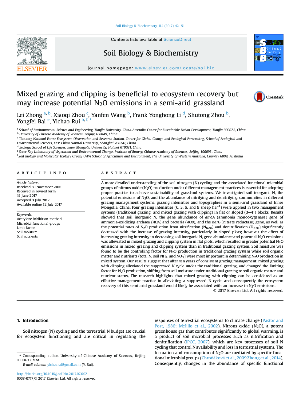 Mixed grazing and clipping is beneficial to ecosystem recovery but may increase potential N2O emissions in a semi-arid grassland