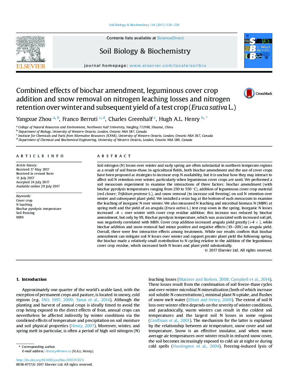 Combined effects of biochar amendment, leguminous cover crop addition and snow removal on nitrogen leaching losses and nitrogen retention over winter and subsequent yield of a test crop (Eruca sativa L.)