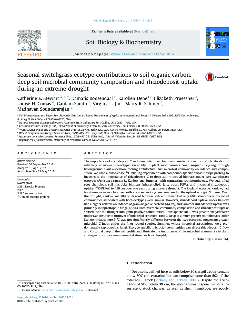 Seasonal switchgrass ecotype contributions to soil organic carbon, deep soil microbial community composition and rhizodeposit uptake during an extreme drought