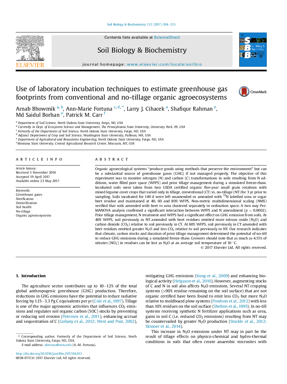 Use of laboratory incubation techniques to estimate greenhouse gas footprints from conventional and no-tillage organic agroecosystems