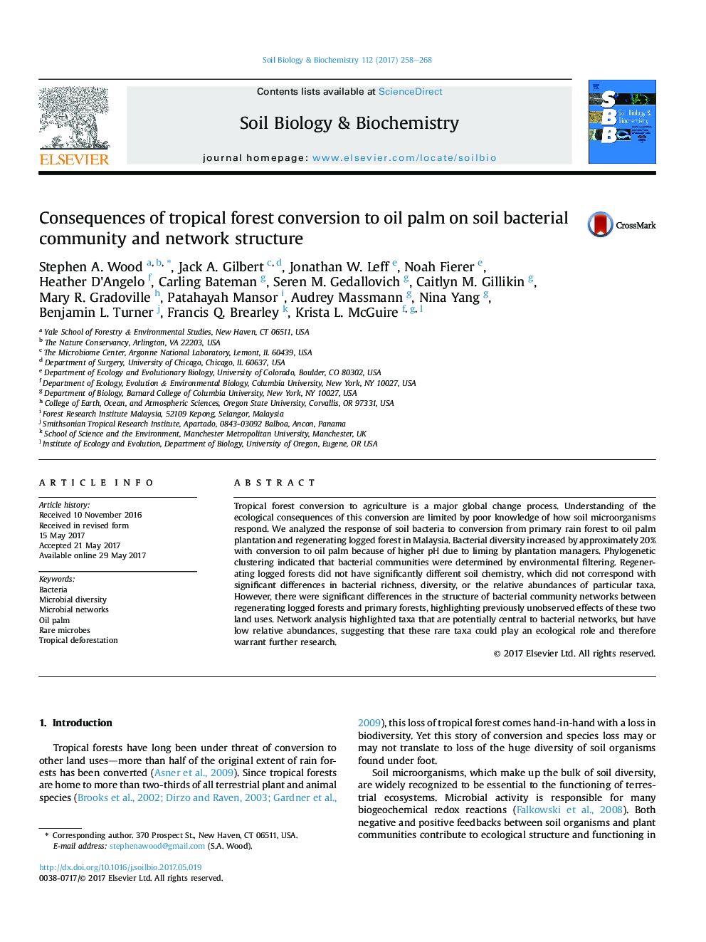 Consequences of tropical forest conversion to oil palm on soil bacterial community and network structure