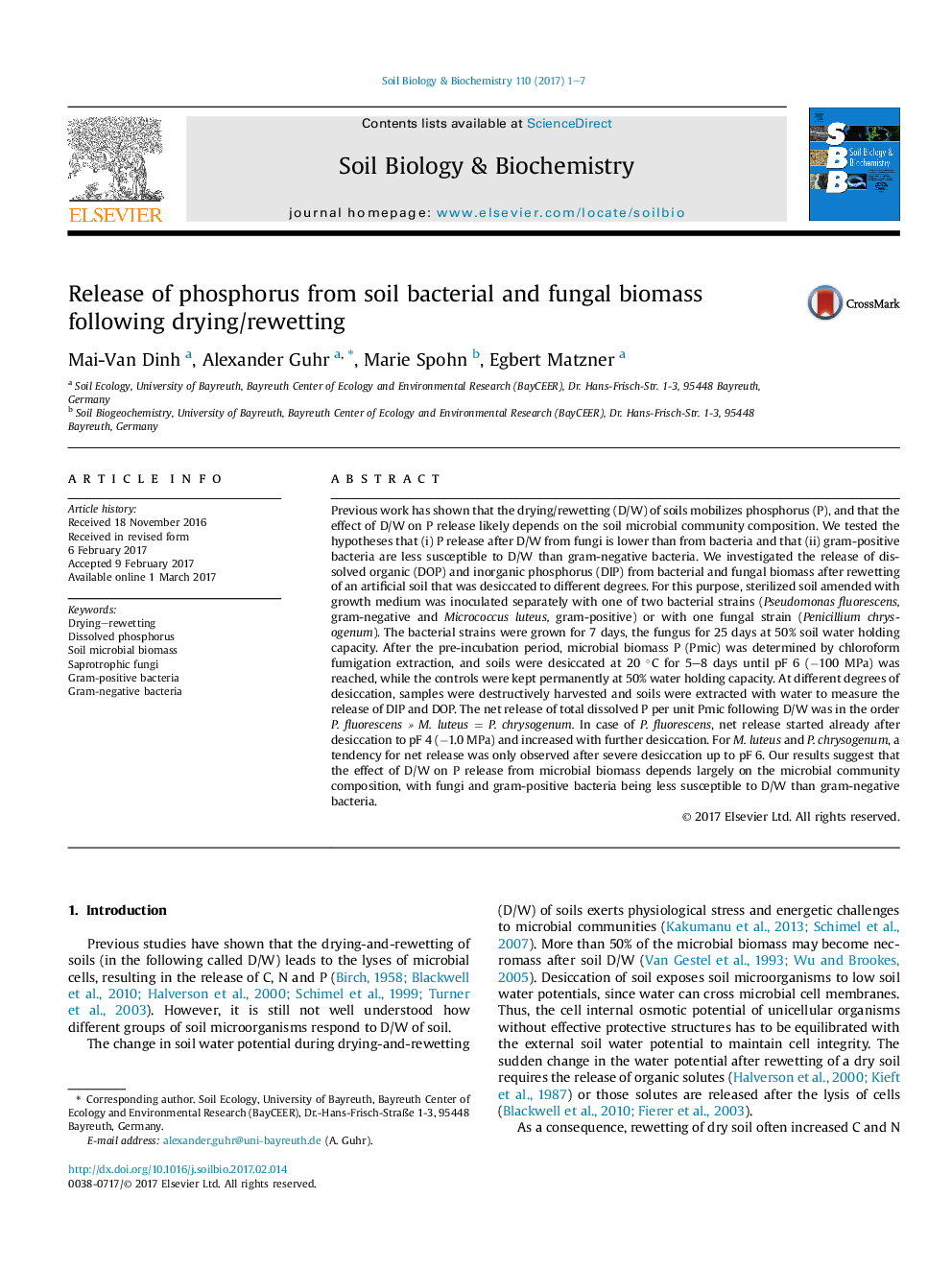 Release of phosphorus from soil bacterial and fungal biomass following drying/rewetting