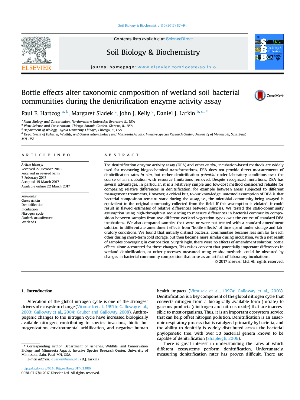 Bottle effects alter taxonomic composition of wetland soil bacterial communities during the denitrification enzyme activity assay