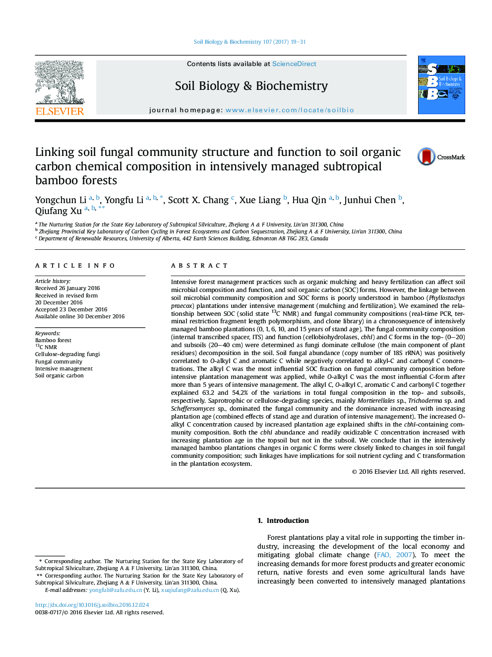 Linking soil fungal community structure and function to soil organic carbon chemical composition in intensively managed subtropical bamboo forests