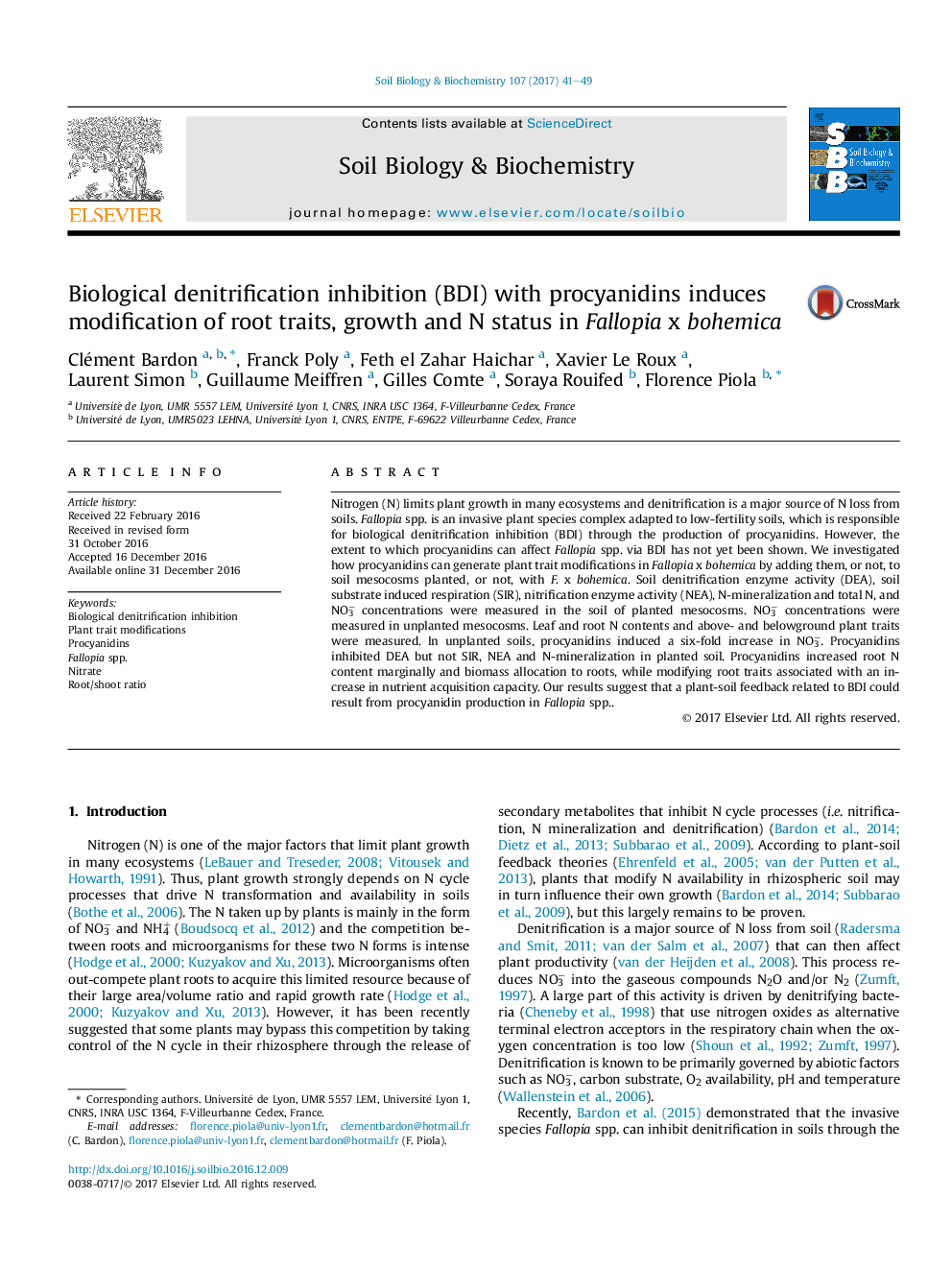 Biological denitrification inhibition (BDI) with procyanidins induces modification of root traits, growth and N status in Fallopia x bohemica