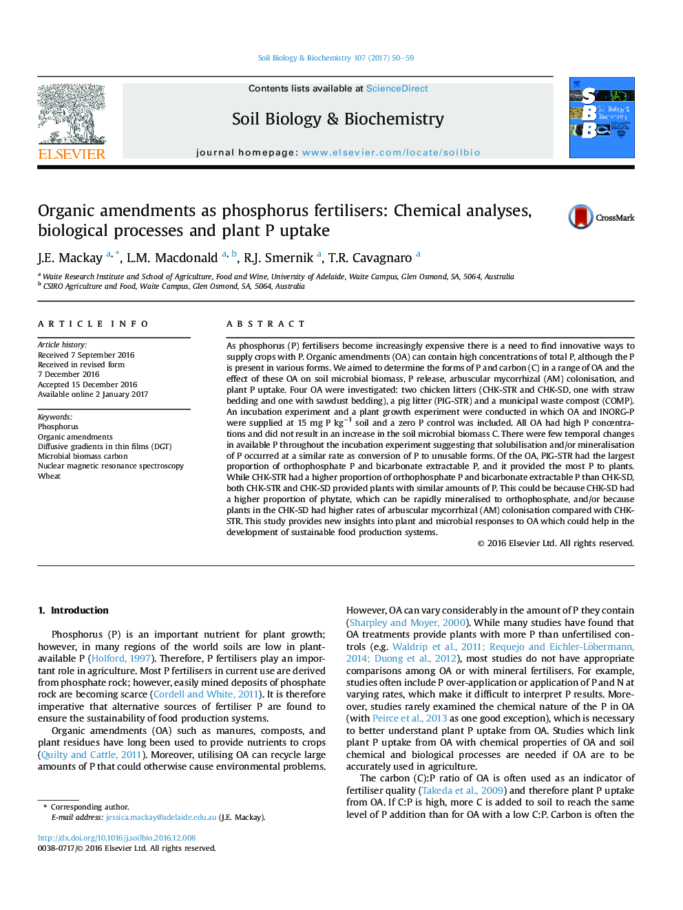 Organic amendments as phosphorus fertilisers: Chemical analyses, biological processes and plant P uptake