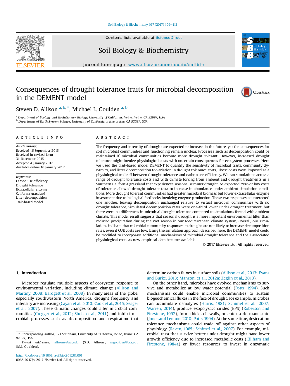 عکس صفحه اول مقاله: Consequences of drought tolerance traits for microbial decomposition in the DEMENT model Consequences of drought tolerance traits for microbial decomposition in the DEMENT model