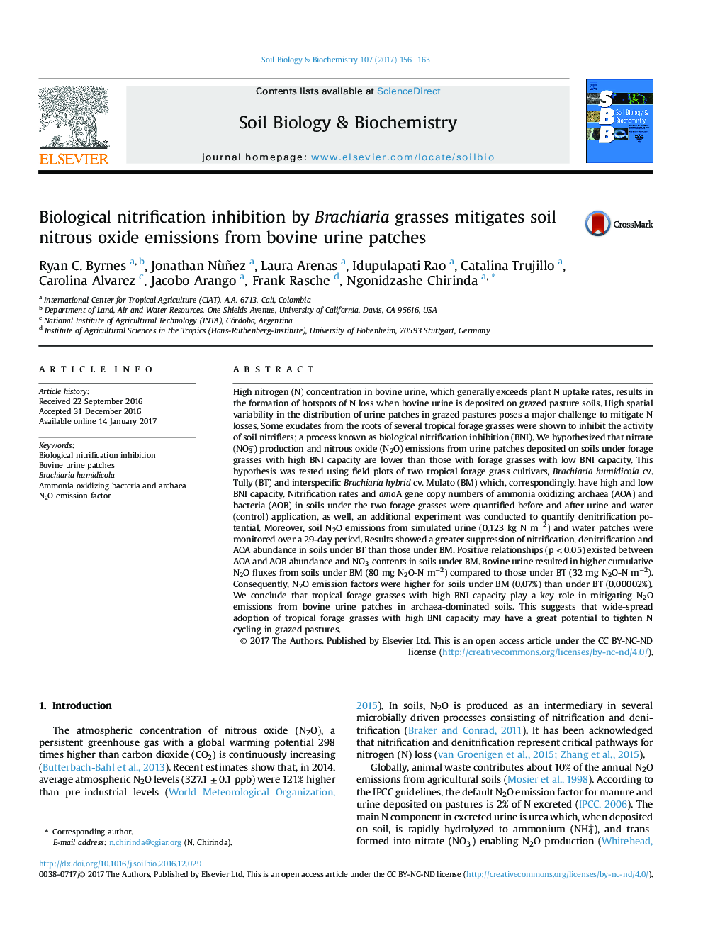 Biological nitrification inhibition by Brachiaria grasses mitigates soil nitrous oxide emissions from bovine urine patches