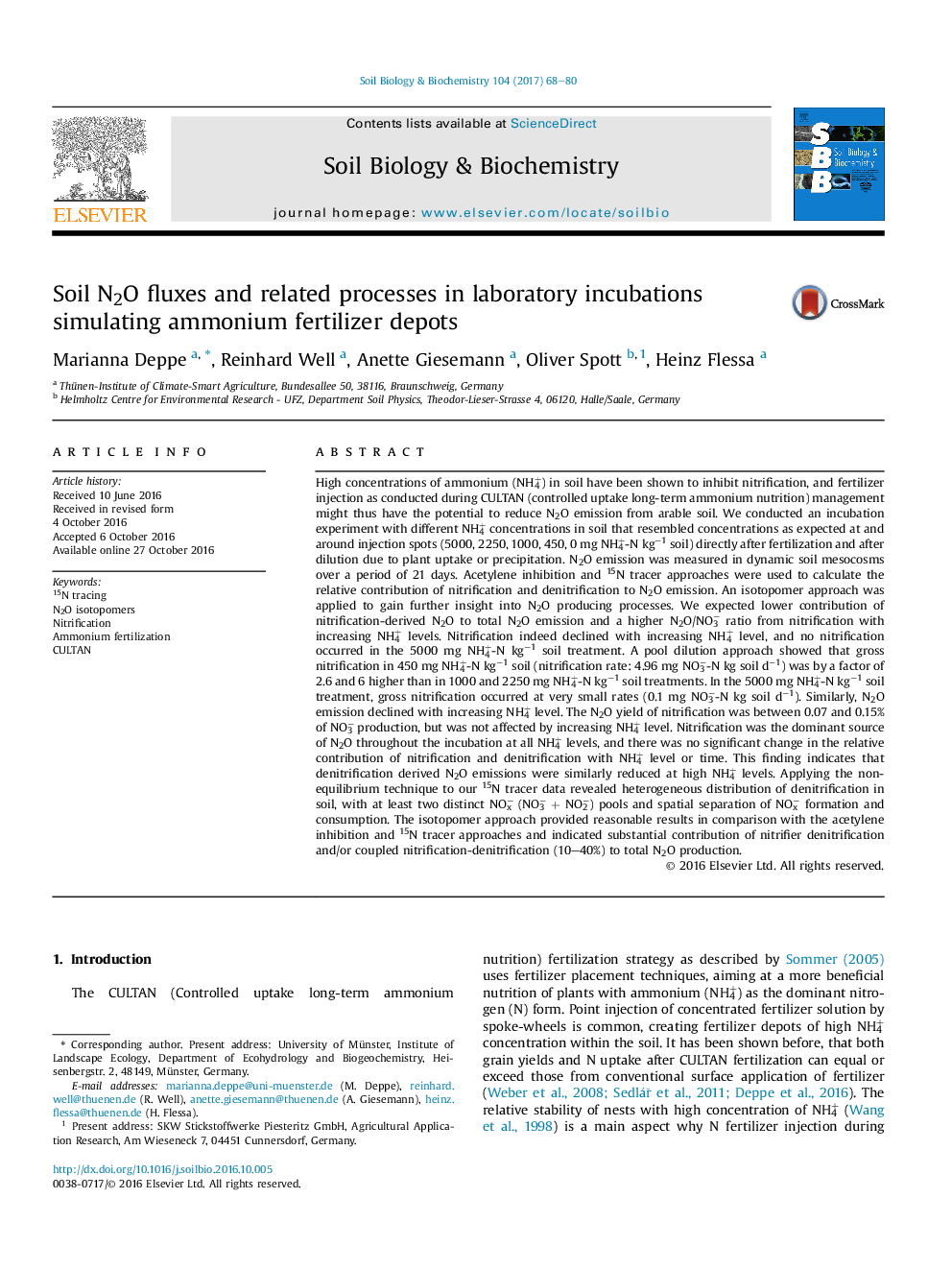 Soil N2O fluxes and related processes in laboratory incubations simulating ammonium fertilizer depots