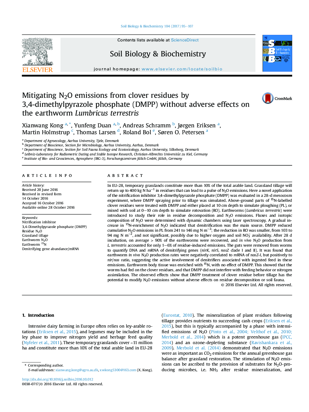 Mitigating N2O emissions from clover residues by 3,4-dimethylpyrazole phosphate (DMPP) without adverse effects on the earthworm Lumbricus terrestris