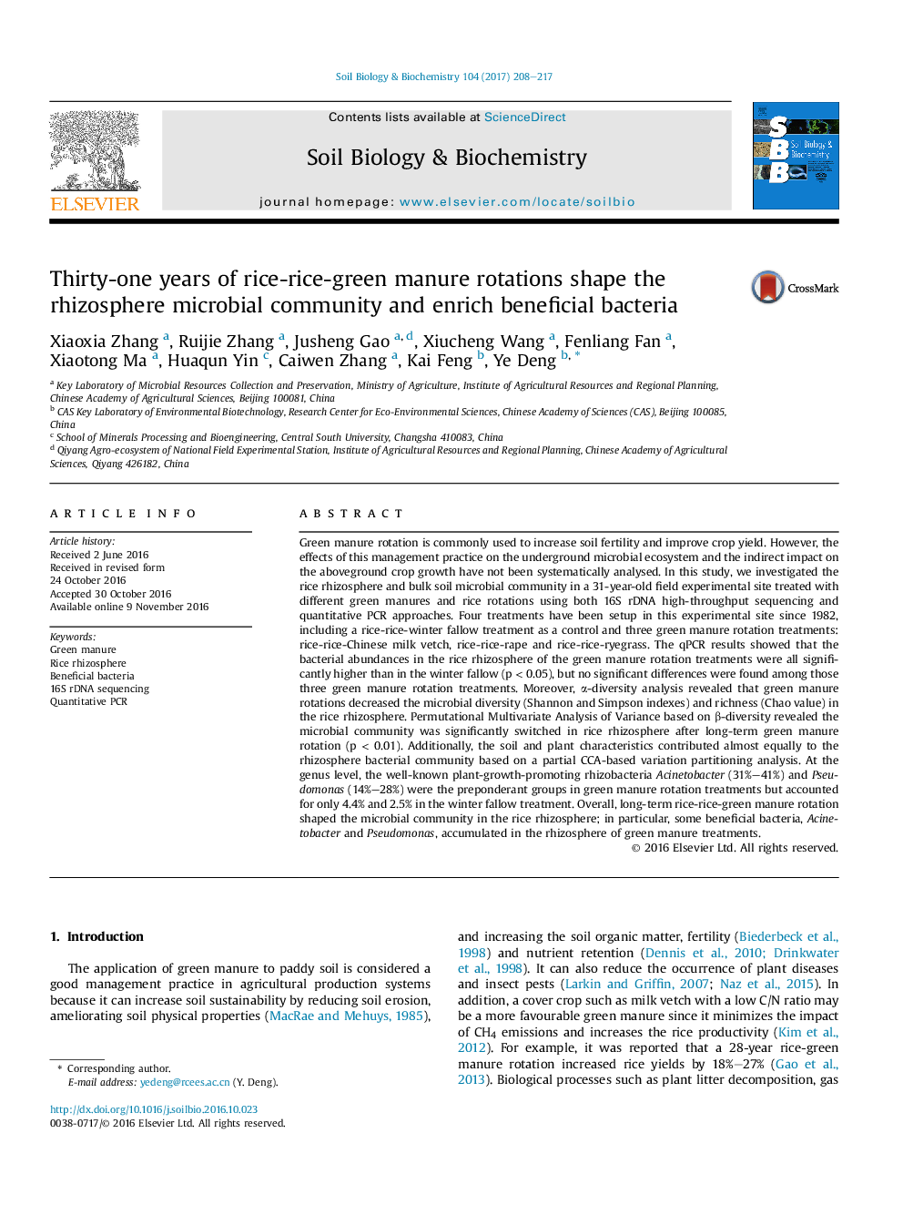 Thirty-one years of rice-rice-green manure rotations shape the rhizosphere microbial community and enrich beneficial bacteria