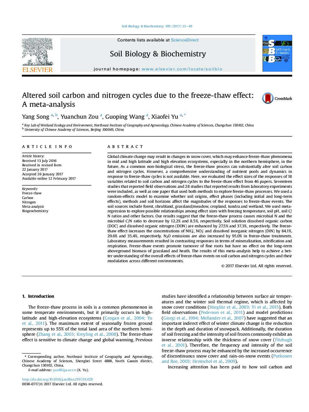 Altered soil carbon and nitrogen cycles due to the freeze-thaw effect: A meta-analysis