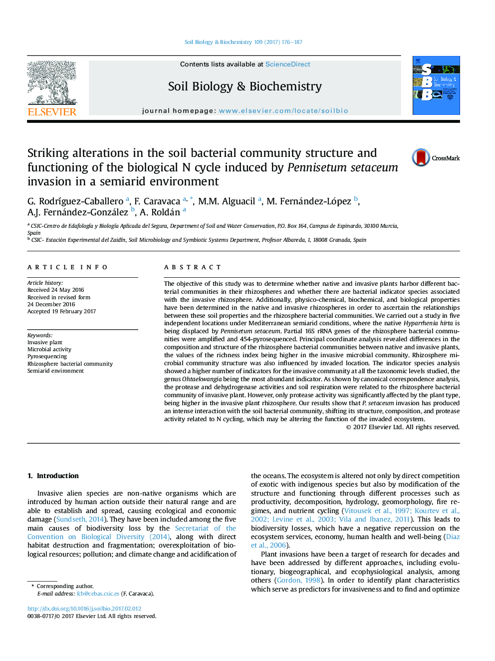 Striking alterations in the soil bacterial community structure and functioning of the biological N cycle induced by Pennisetum setaceum invasion in a semiarid environment