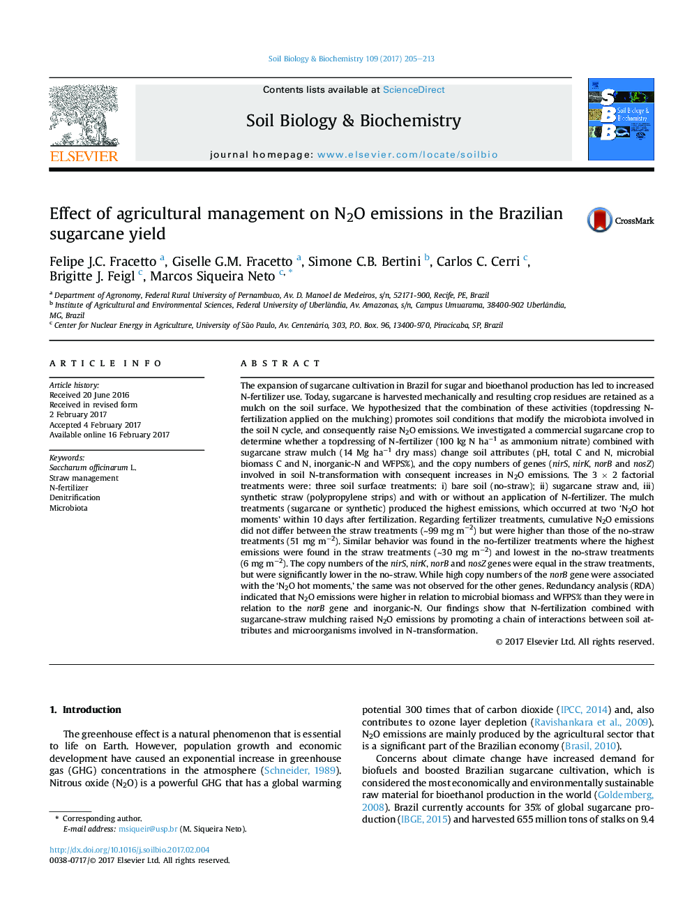 Effect of agricultural management on N2O emissions in the Brazilian sugarcane yield