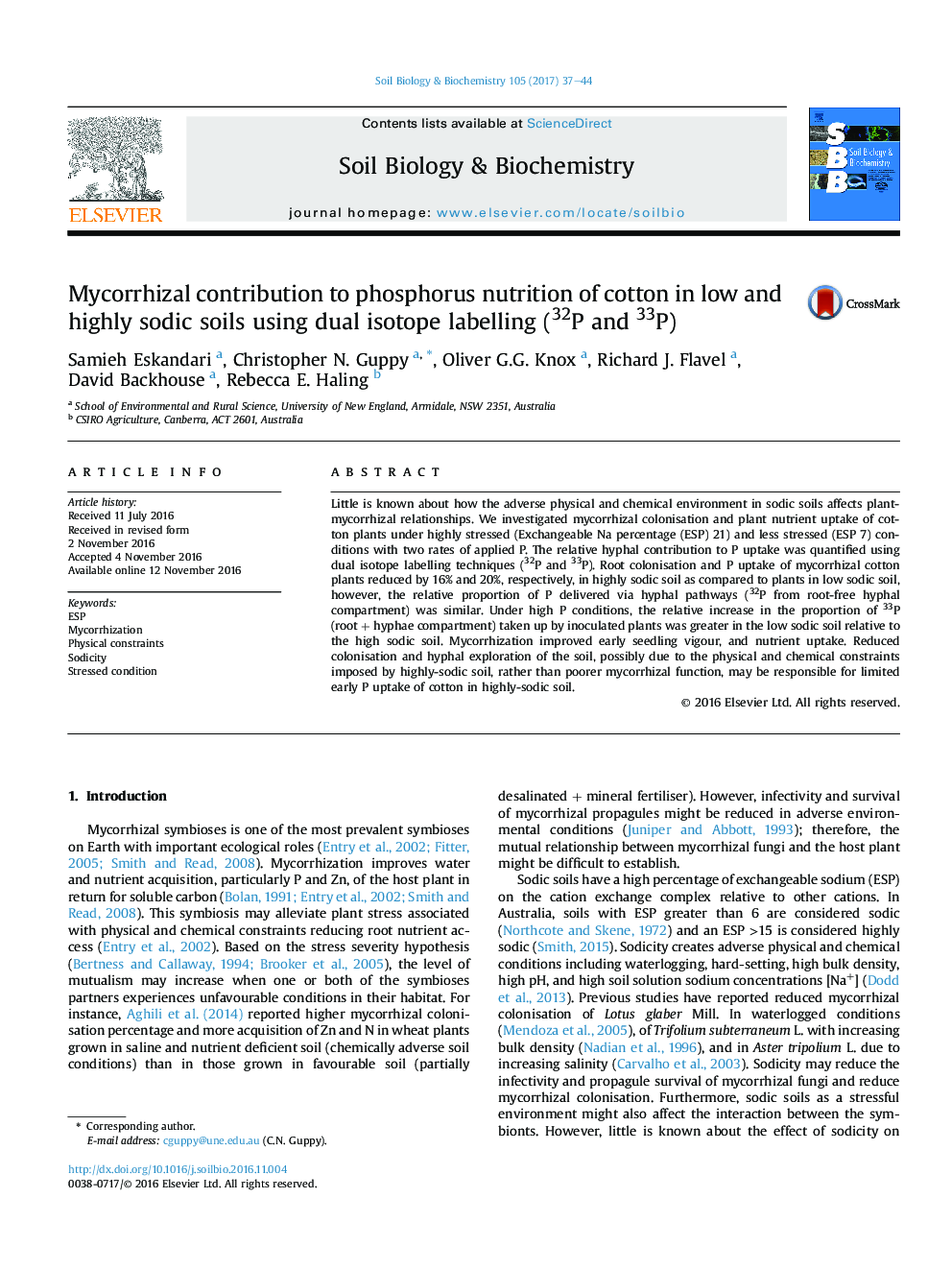 Mycorrhizal contribution to phosphorus nutrition of cotton in low and highly sodic soils using dual isotope labelling (32P and 33P)