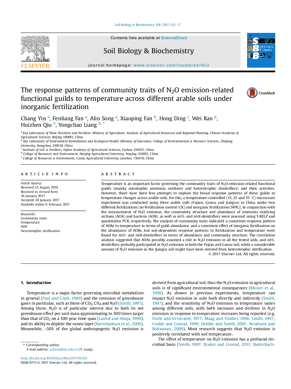 The response patterns of community traits of N2O emission-related functional guilds to temperature across different arable soils under inorganic fertilization