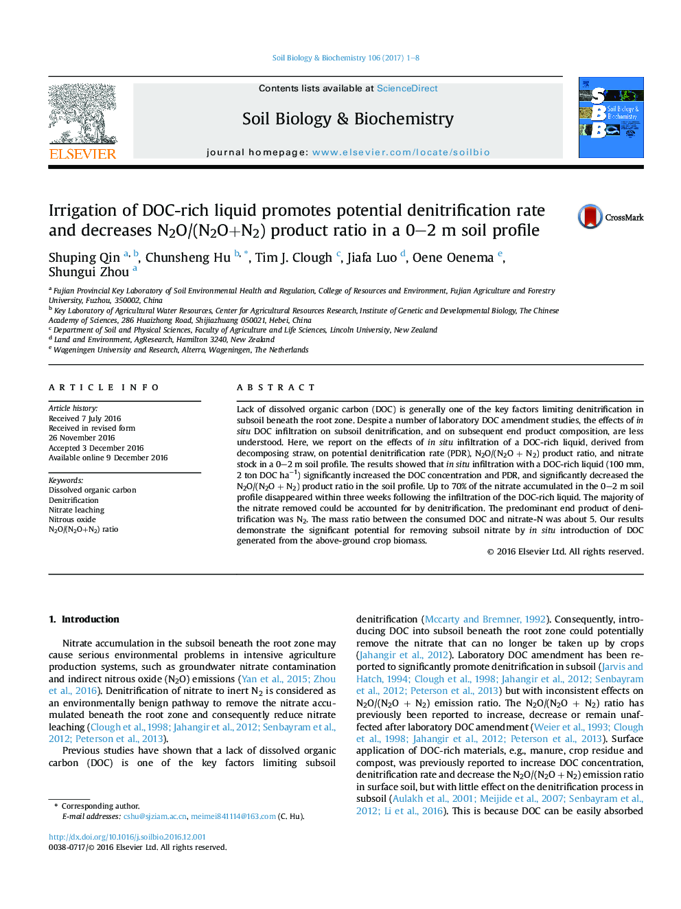 Irrigation of DOC-rich liquid promotes potential denitrification rate and decreases N2O/(N2O+N2) product ratio in a 0-2Â m soil profile