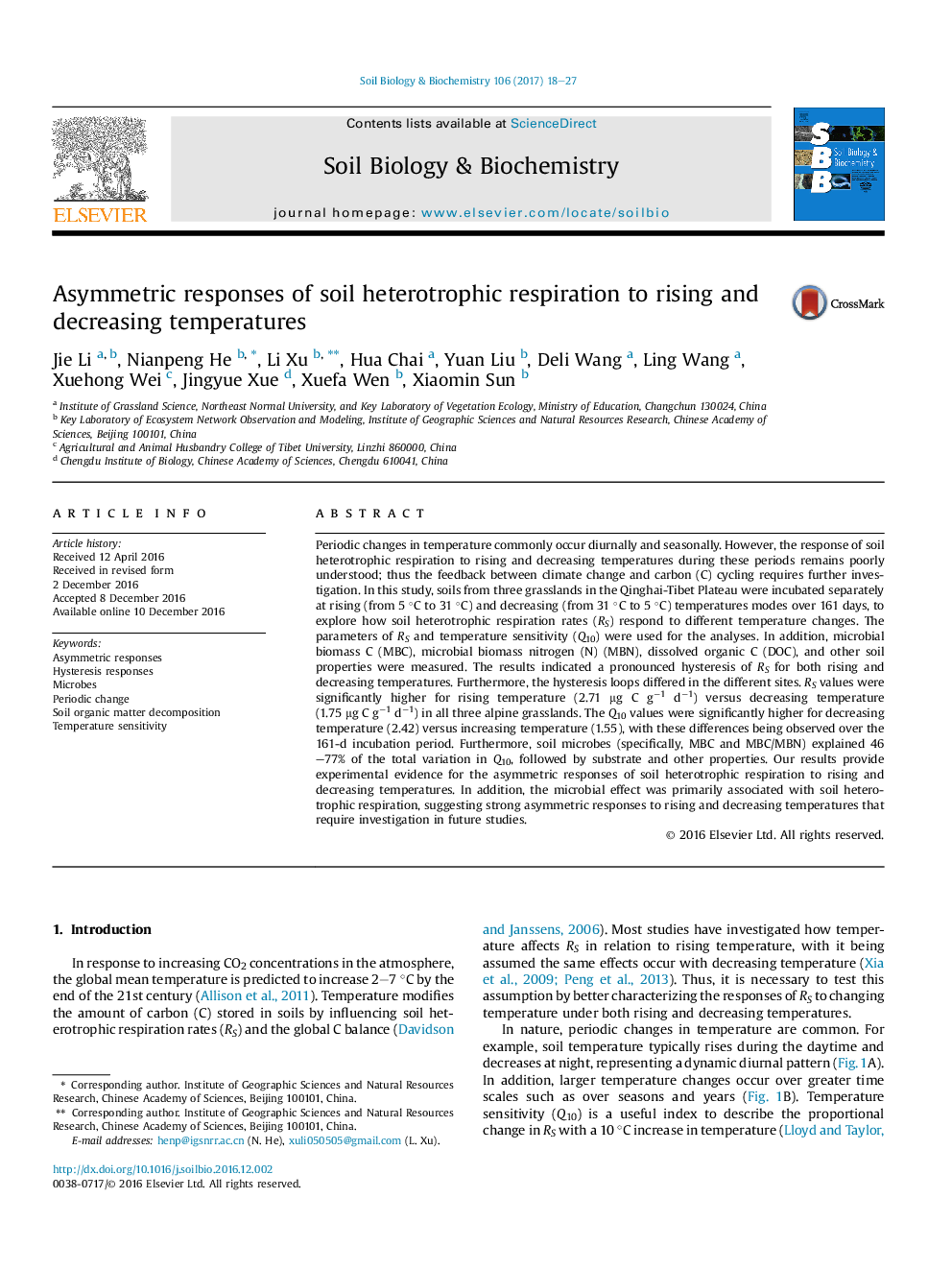 Asymmetric responses of soil heterotrophic respiration to rising and decreasing temperatures