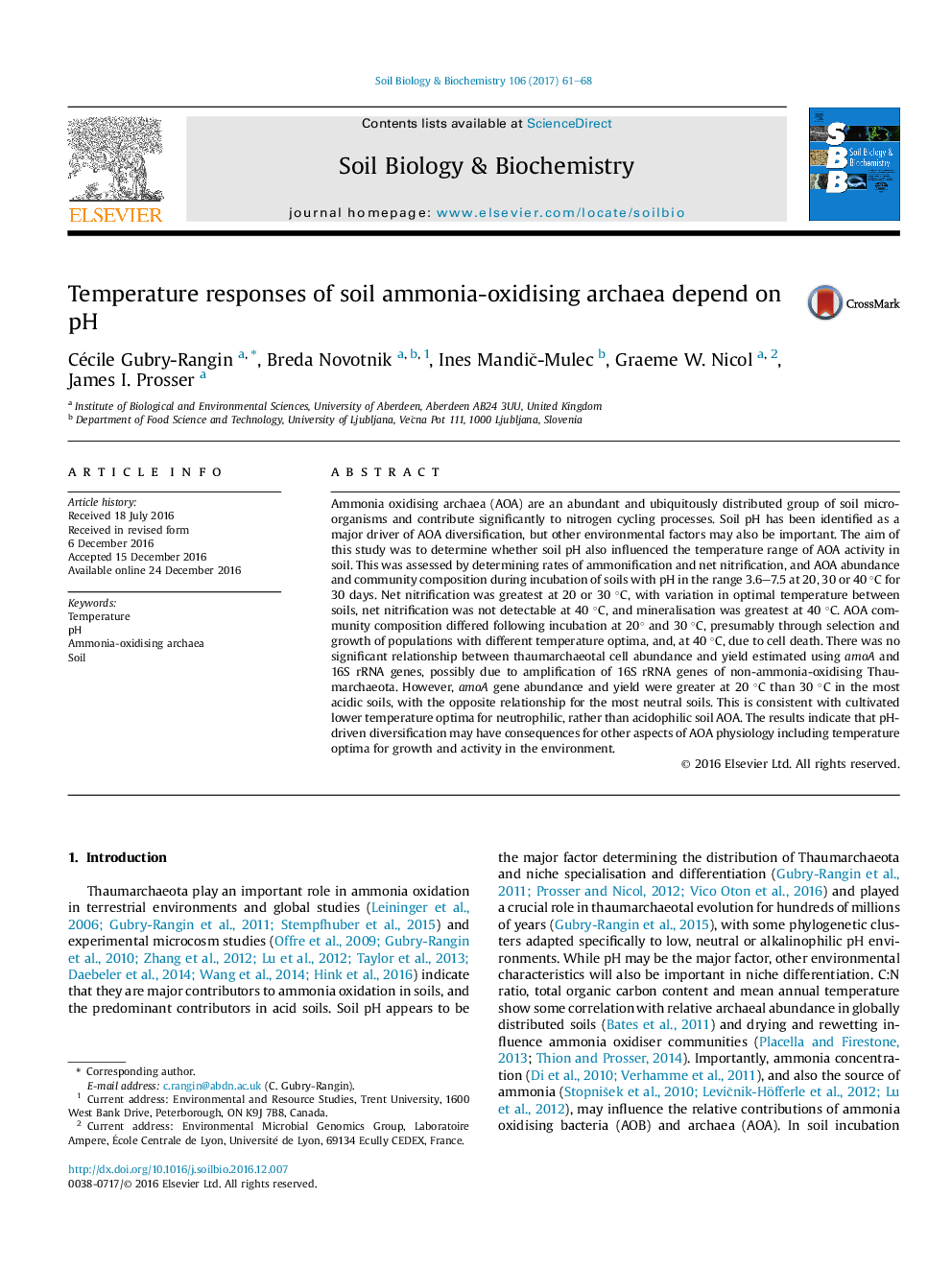 Temperature responses of soil ammonia-oxidising archaea depend on pH