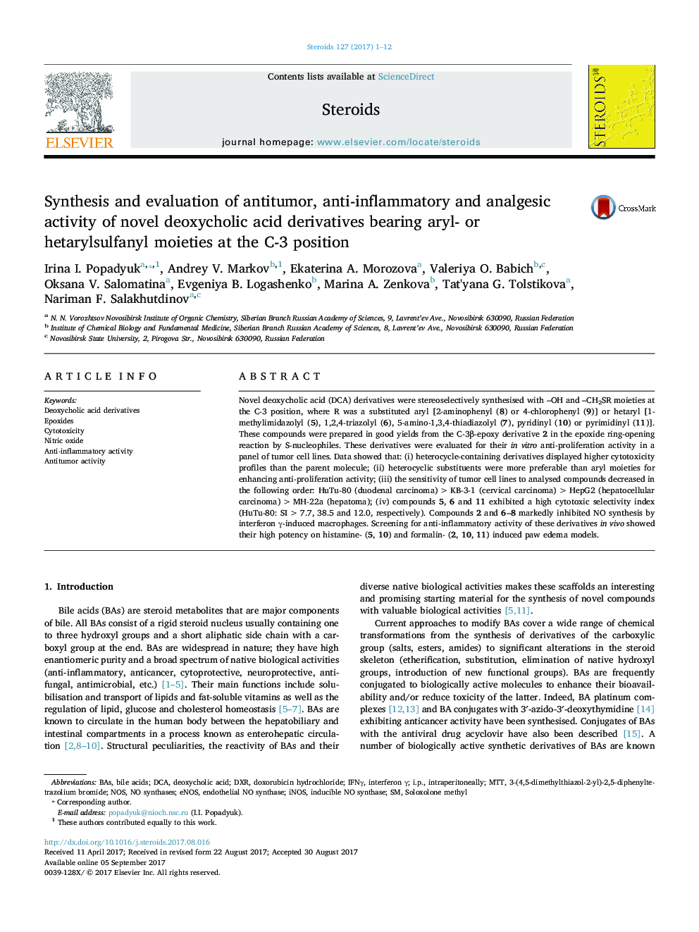Synthesis and evaluation of antitumor, anti-inflammatory and analgesic activity of novel deoxycholic acid derivatives bearing aryl- or hetarylsulfanyl moieties at the C-3 position