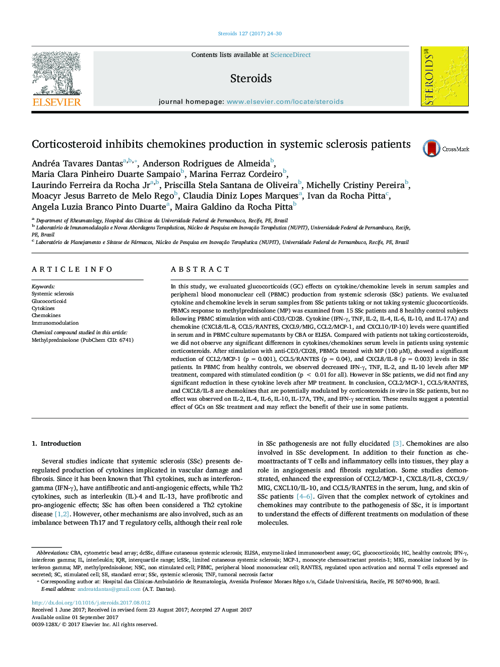 Corticosteroid inhibits chemokines production in systemic sclerosis patients