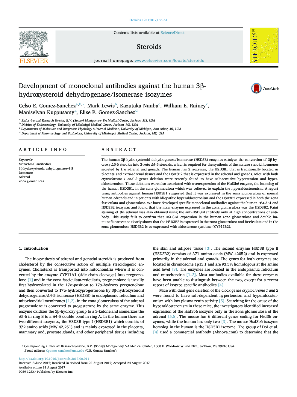 Development of monoclonal antibodies against the human 3Î²-hydroxysteroid dehydrogenase/isomerase isozymes