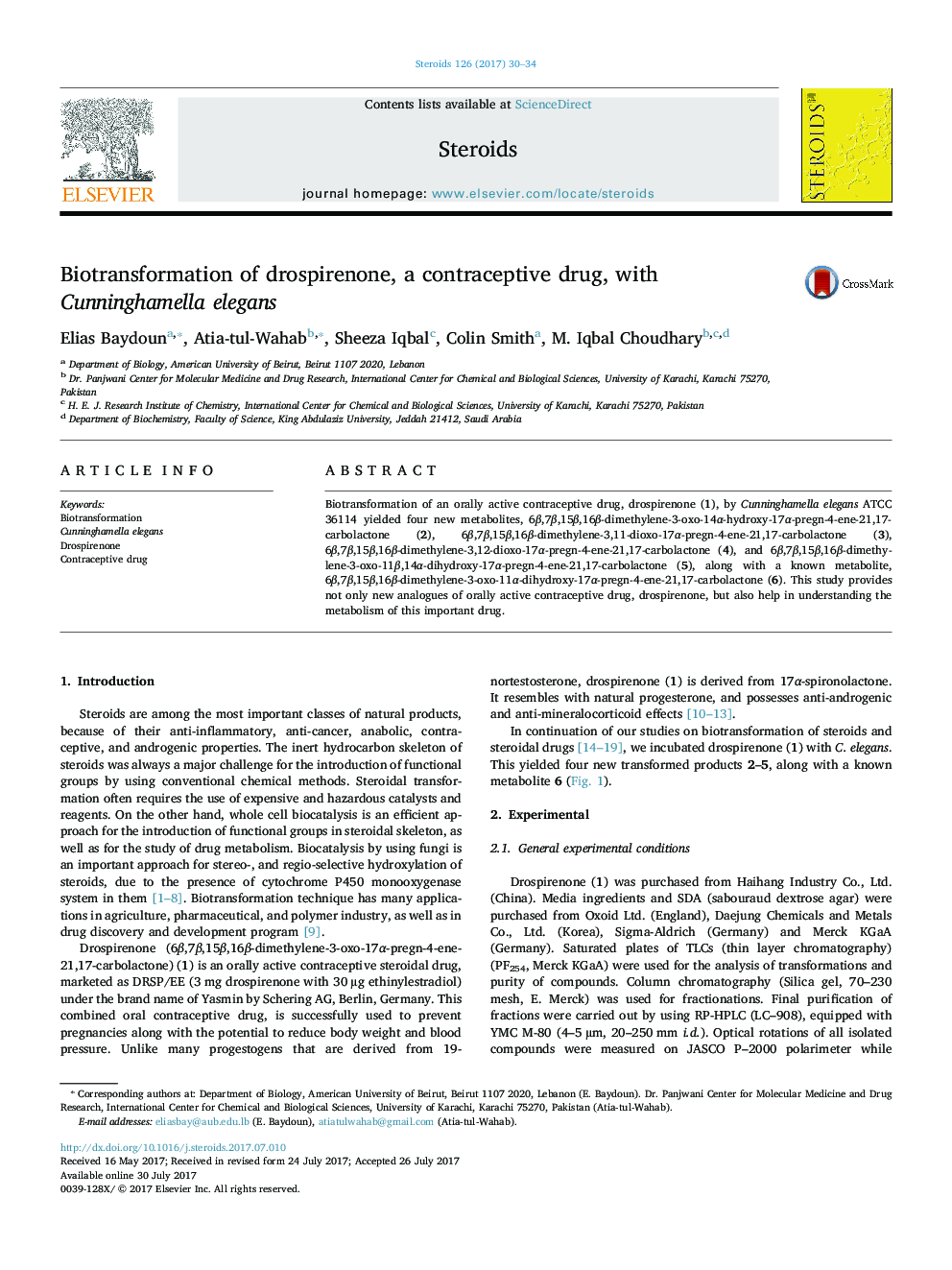 Biotransformation of drospirenone, a contraceptive drug, with Cunninghamella elegans