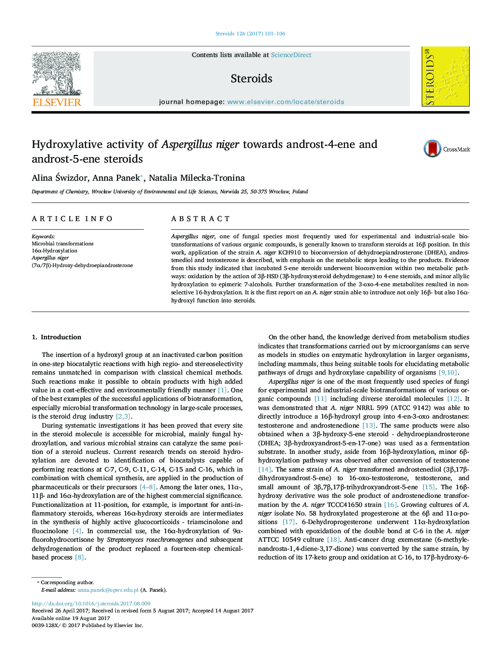 Hydroxylative activity of Aspergillus niger towards androst-4-ene and androst-5-ene steroids