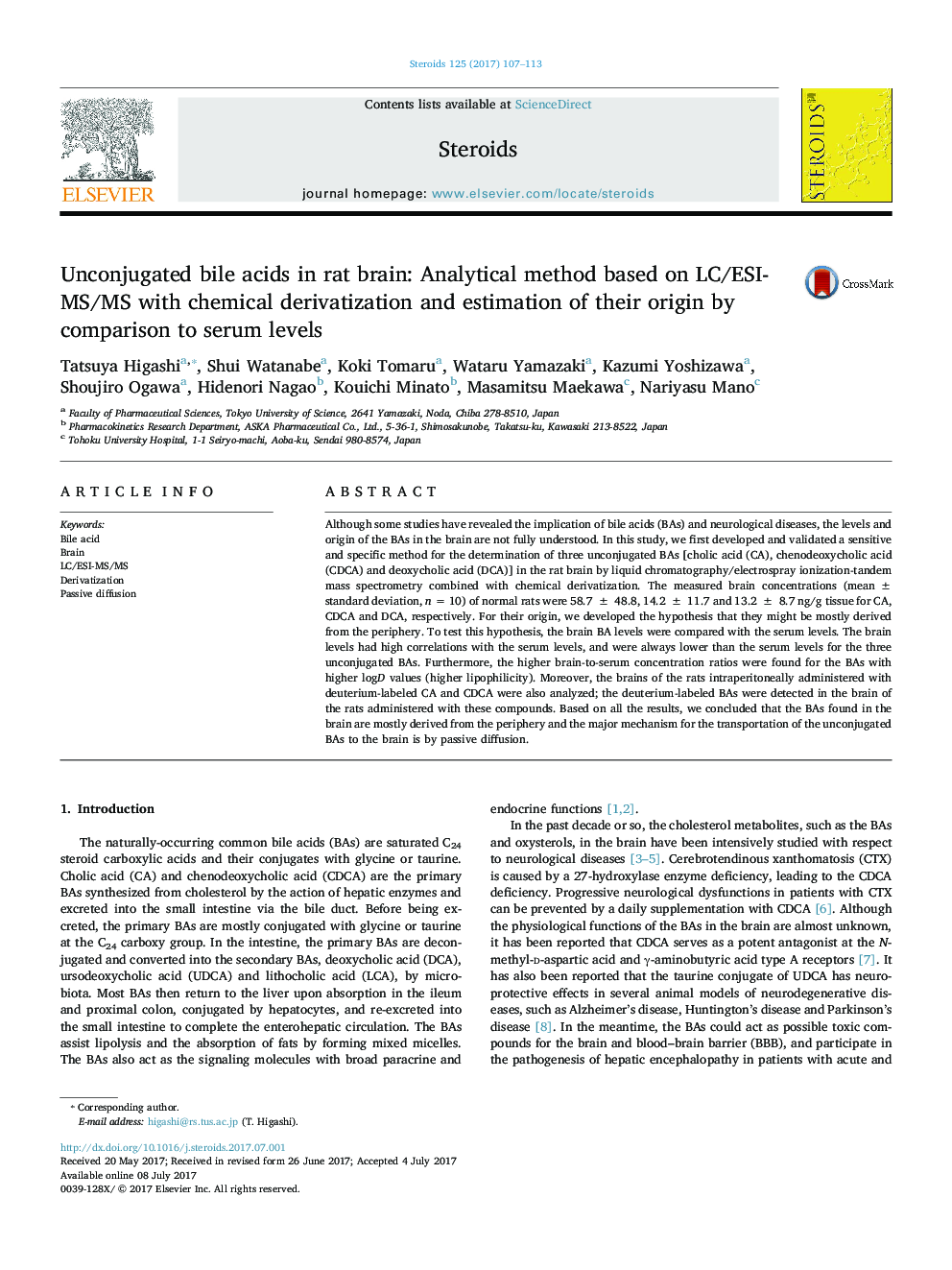 Unconjugated bile acids in rat brain: Analytical method based on LC/ESI-MS/MS with chemical derivatization and estimation of their origin by comparison to serum levels