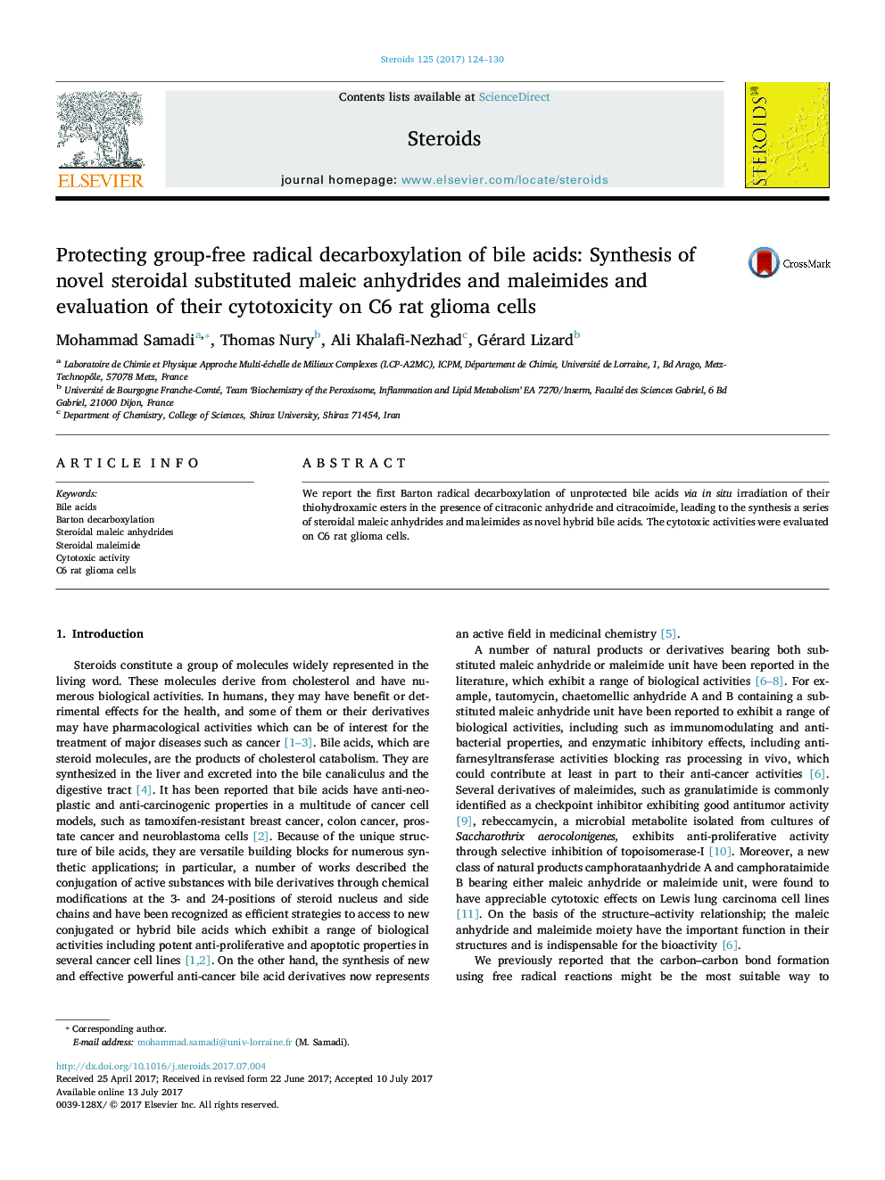 Protecting group-free radical decarboxylation of bile acids: Synthesis of novel steroidal substituted maleic anhydrides and maleimides and evaluation of their cytotoxicity on C6 rat glioma cells