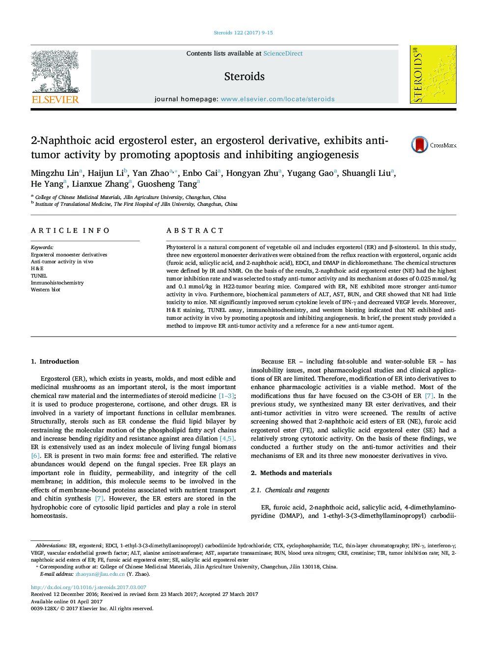 2-Naphthoic acid ergosterol ester, an ergosterol derivative, exhibits anti-tumor activity by promoting apoptosis and inhibiting angiogenesis