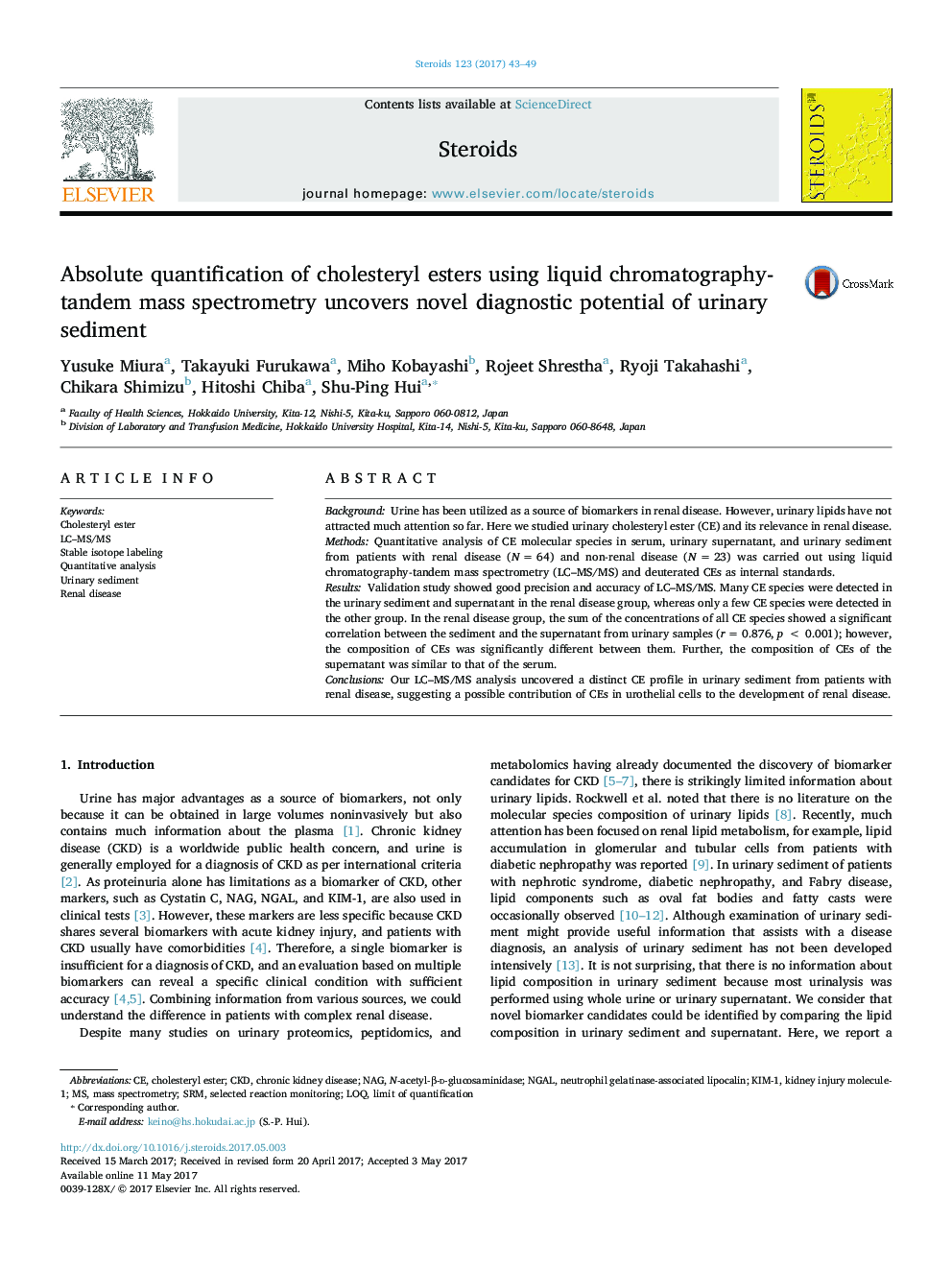 Absolute quantification of cholesteryl esters using liquid chromatography-tandem mass spectrometry uncovers novel diagnostic potential of urinary sediment