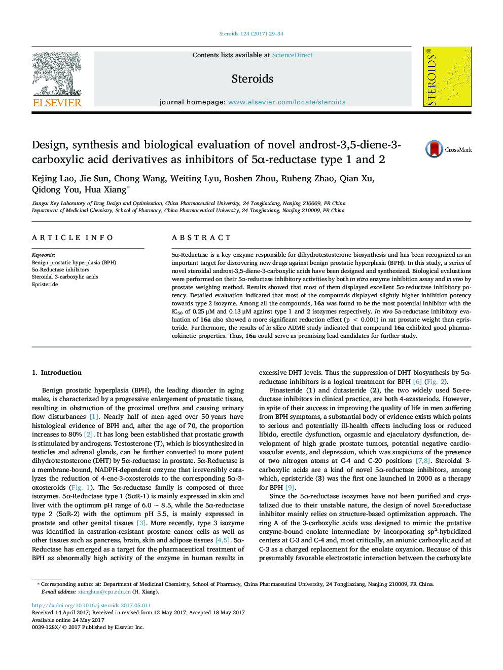 Design, synthesis and biological evaluation of novel androst-3,5-diene-3-carboxylic acid derivatives as inhibitors of 5Î±-reductase type 1 and 2