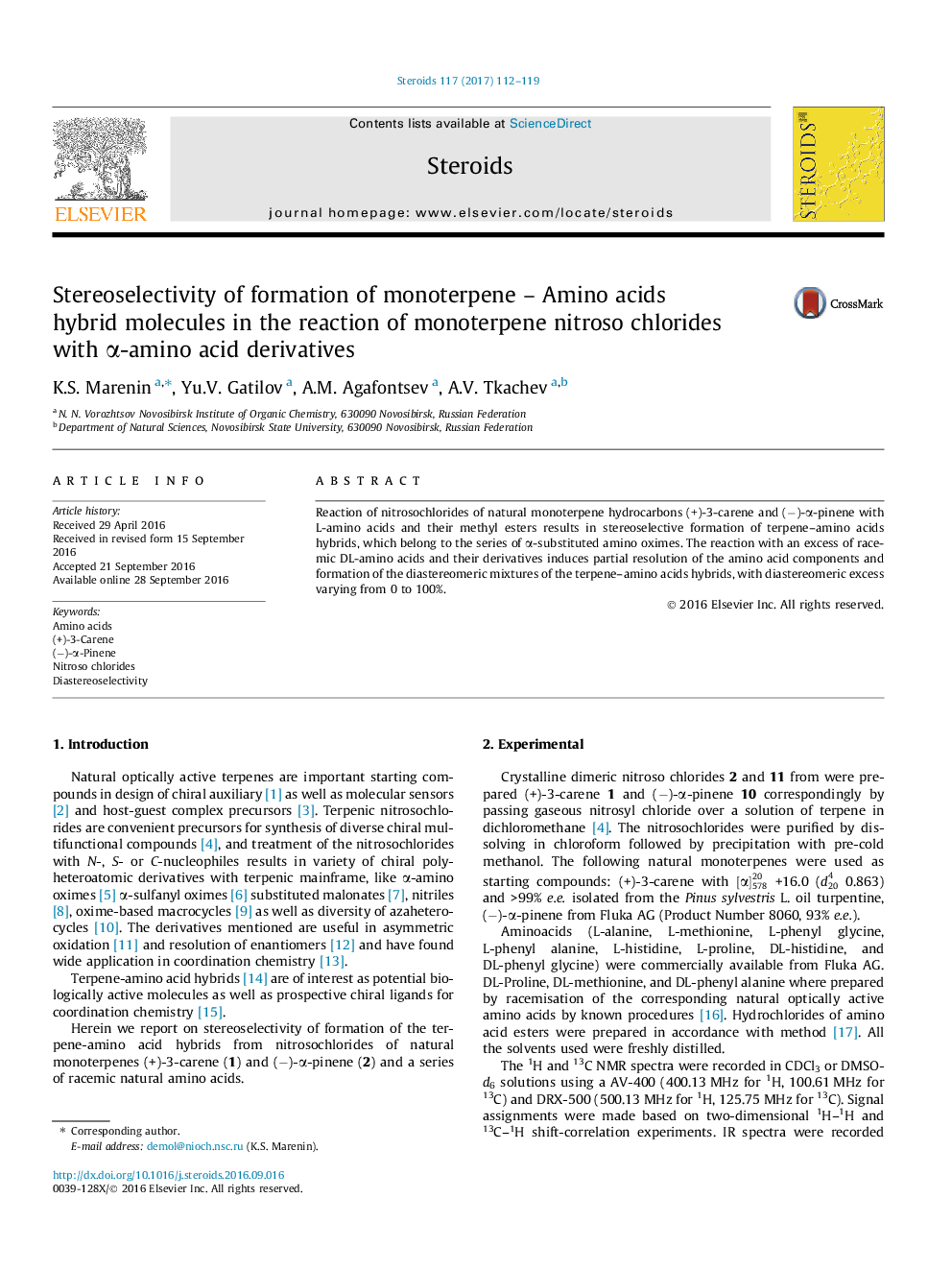 Stereoselectivity of formation of monoterpene - Amino acids hybrid molecules in the reaction of monoterpene nitroso chlorides with Î±-amino acid derivatives