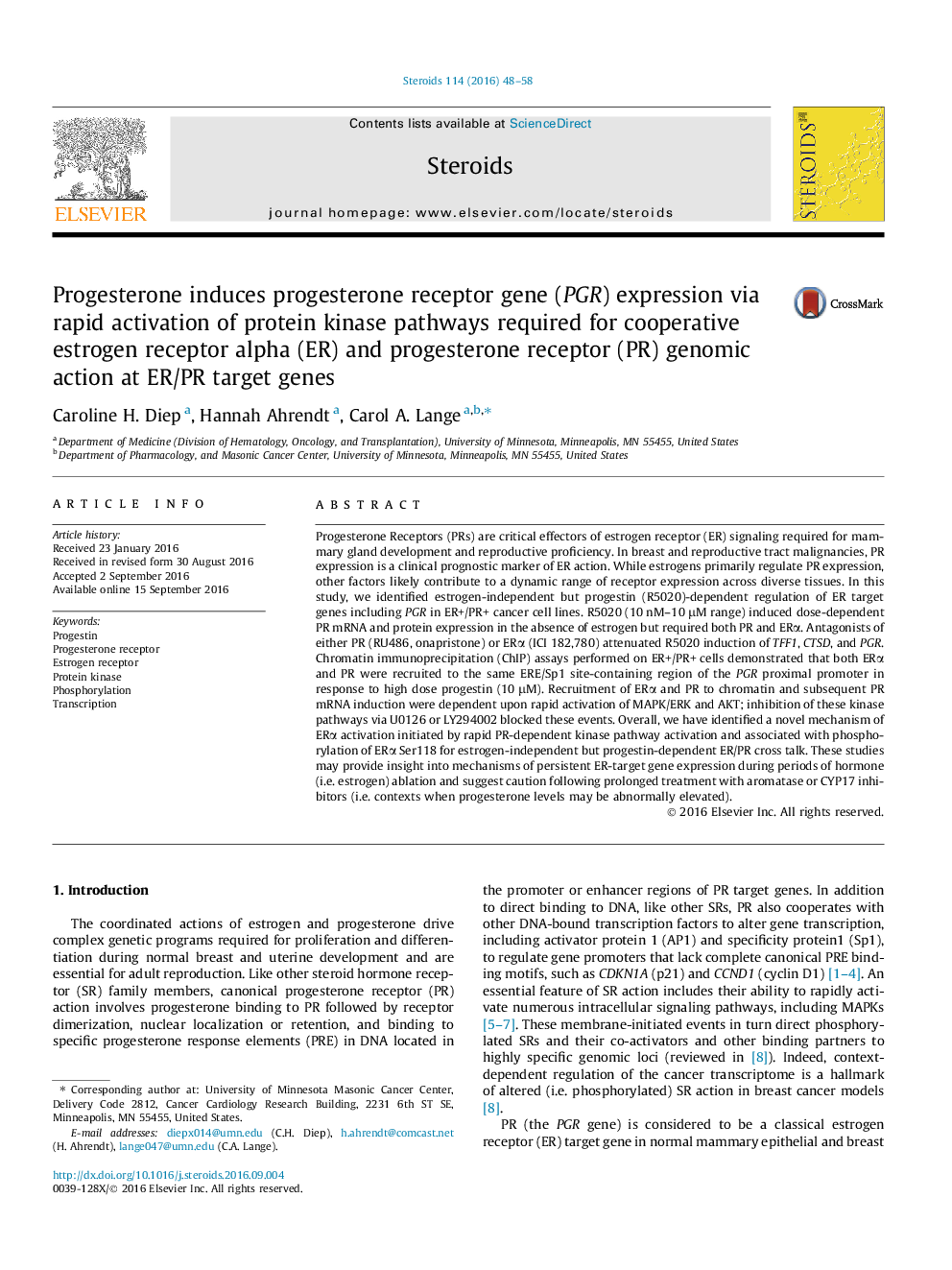 Progesterone induces progesterone receptor gene (PGR) expression via rapid activation of protein kinase pathways required for cooperative estrogen receptor alpha (ER) and progesterone receptor (PR) genomic action at ER/PR target genes