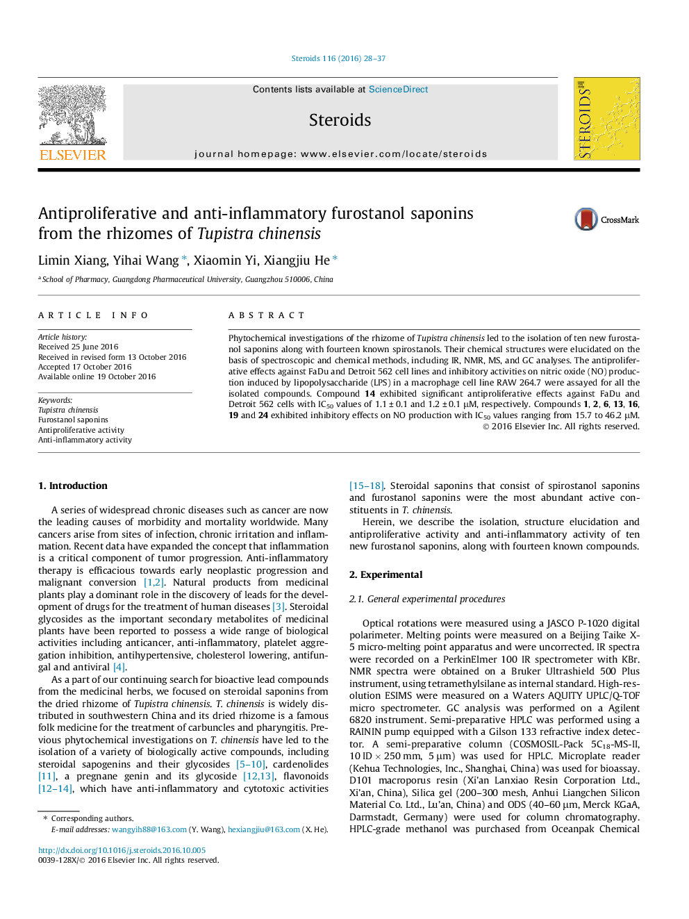 Antiproliferative and anti-inflammatory furostanol saponins from the rhizomes of Tupistra chinensis