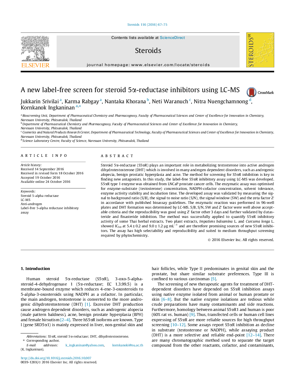 A new label-free screen for steroid 5Î±-reductase inhibitors using LC-MS