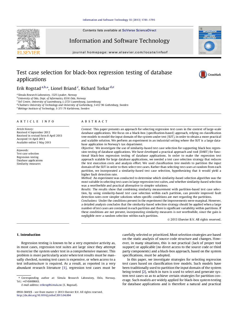 Test case selection for black-box regression testing of database applications