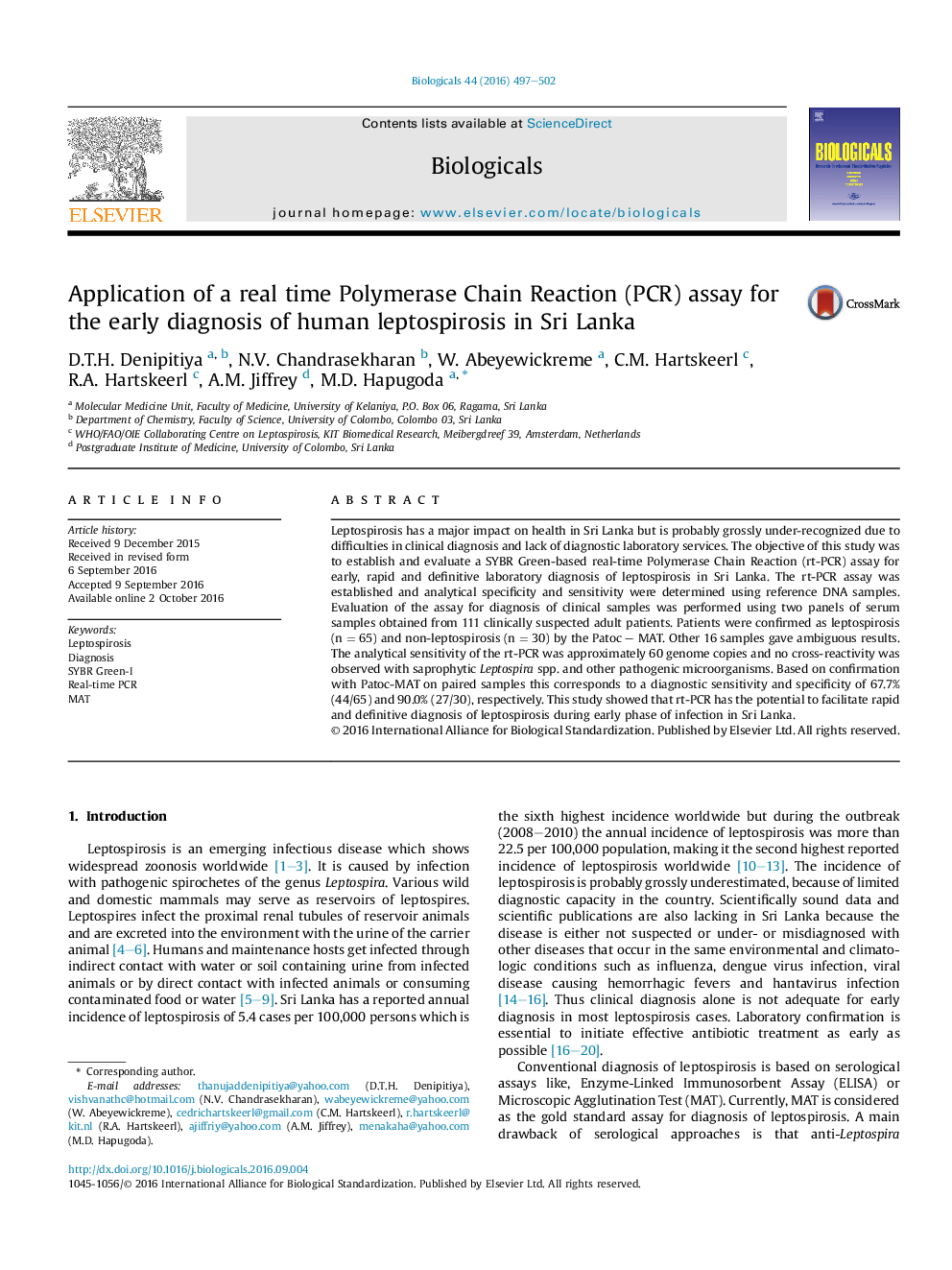 Application of a real time Polymerase Chain Reaction (PCR) assay for the early diagnosis of human leptospirosis in Sri Lanka